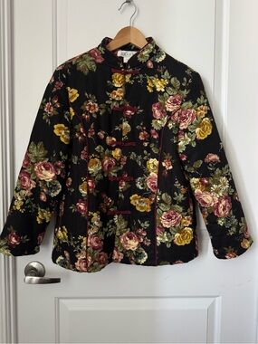 Deluxe Black Floral Asian Inspired Quilted Frog Closure Jacket